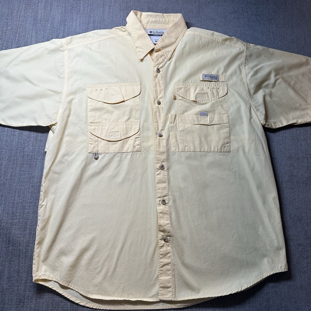 Columbia PFG Men's M Medium Yellow Short Sleeve Button‎  Up Outdoor Hiking